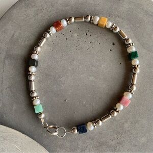 925 Sterling Silver, Freshwater Pearl and 4mm Semi Precious Gemstones Bracelet